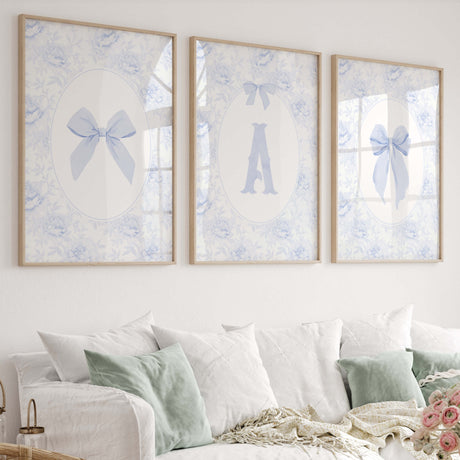 Blue chinoiserie nursery wall art printable with delicate bow illustrations