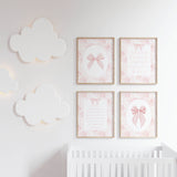 "Pink bow wall art printable alphabet poster for girl nursery floral chinoiserie decor wooden frame baby girl room art coquette aesthetic blush pink artwork"
