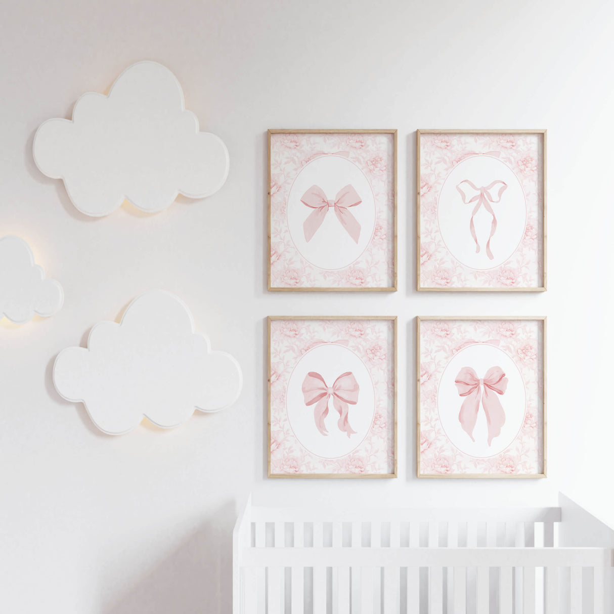 Romantic blush bow artwork printable for feminine cottaSoft pastel ribbon wall print displayed above crib in baby girl roomgecore nursery decor