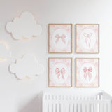 Romantic blush bow artwork printable for feminine cottaSoft pastel ribbon wall print displayed above crib in baby girl roomgecore nursery decor