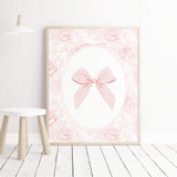 Coquette pink bow poster bundle styled in baby girl bedroom gallery wall