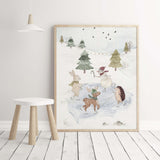 Set of 3 watercolor winter landscape nursery print with woodland animals and ice skating animals for christmas nursery decor.