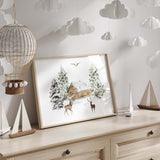 Watercolor christmas landscape print for winter nursery decor.