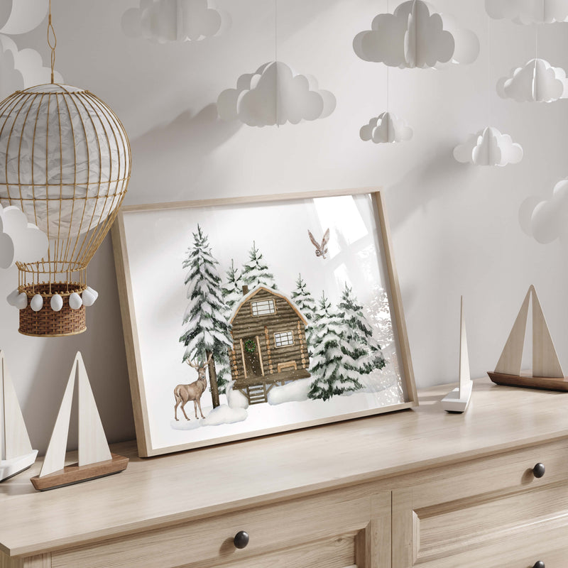 Watercolor christmas landscape print for winter wall decor.