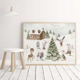 Watercolor winter landscape nursery poster with pine tree, woodland animal, houses, snowy landscape in earth colors for christmas neutral nursery wall decor.