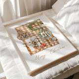 Merry Christmas wall art with festive table setting and greenery.
