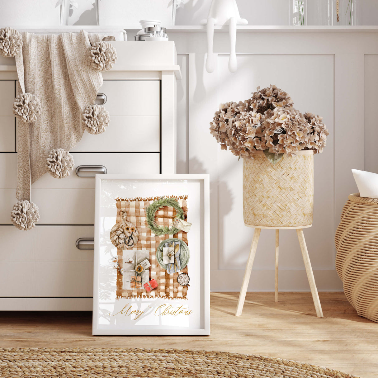 Minimalist Christmas decor wall art printable with wreath and presents.