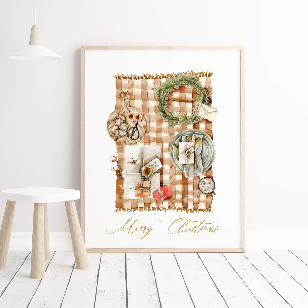 Christmas plaid wall art with wreath gifts and festive table scene.