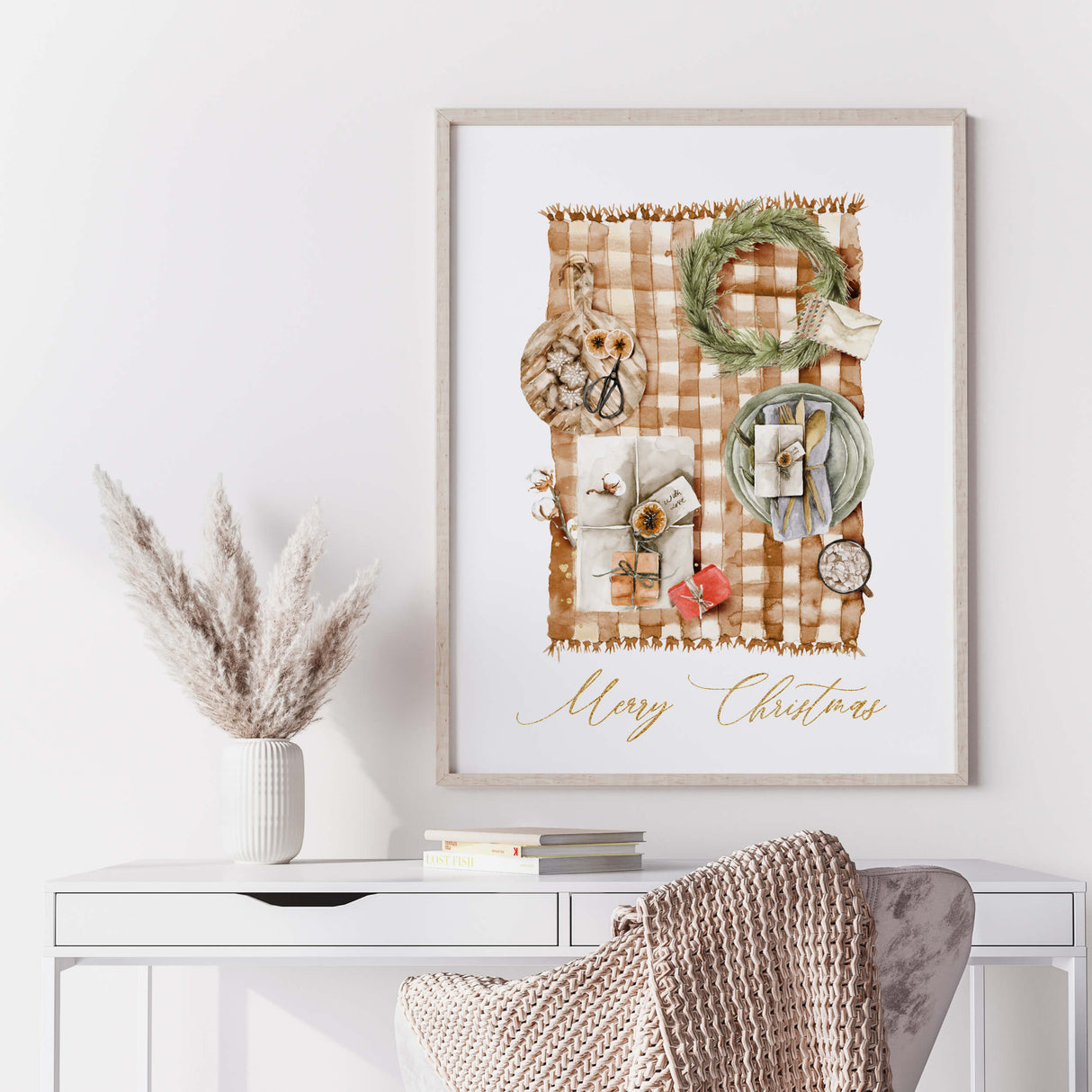 Rustic watercolor Merry Christmas wall art digital download.