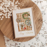 Cozy holiday printable wall art with Christmas wreath and table setting.