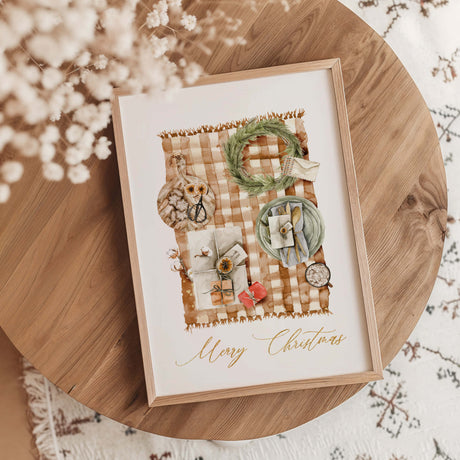 Merry Christmas printable wall art with watercolor wreath and gifts on plaid background.