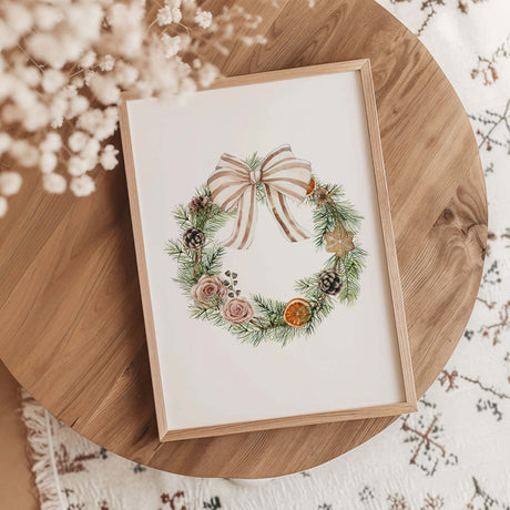 Watercolor Christmas wreath art print for Scandinavian home decor.