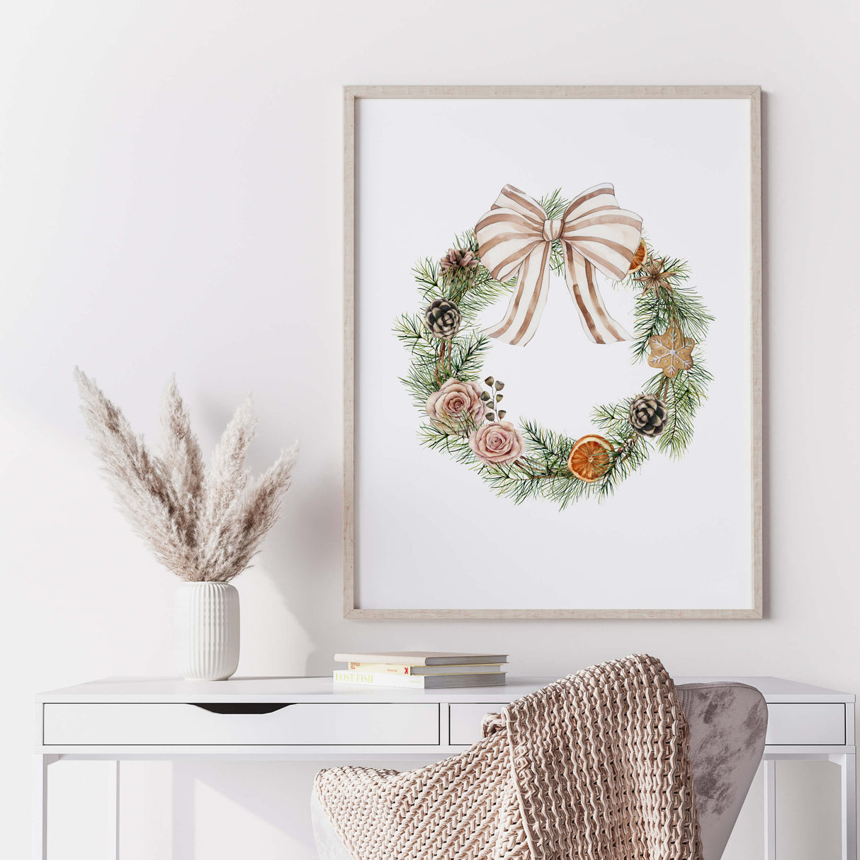 Watercolor Christmas wreath printable wall art with pine greenery and beige ribbon.