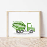 Watercolor colorful construction vehicle print with cement mixer for toddler room decor, baby boys room decor, nursery room decor.