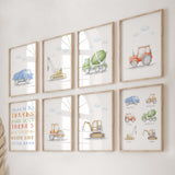 Watercolor construction vehicle print for toddler and baby boys room decor.