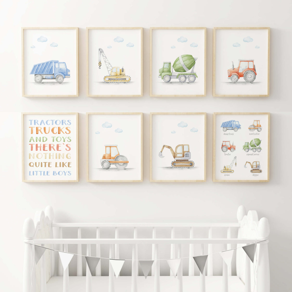Watercolor construction vehicle poster for toddler and baby boys room decor.
