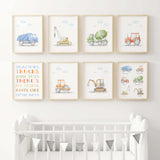 Watercolor construction vehicle poster for toddler and baby boys room decor.