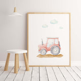 Watercolor construction vehicle print with  tractor for toddler and baby boys room decor.