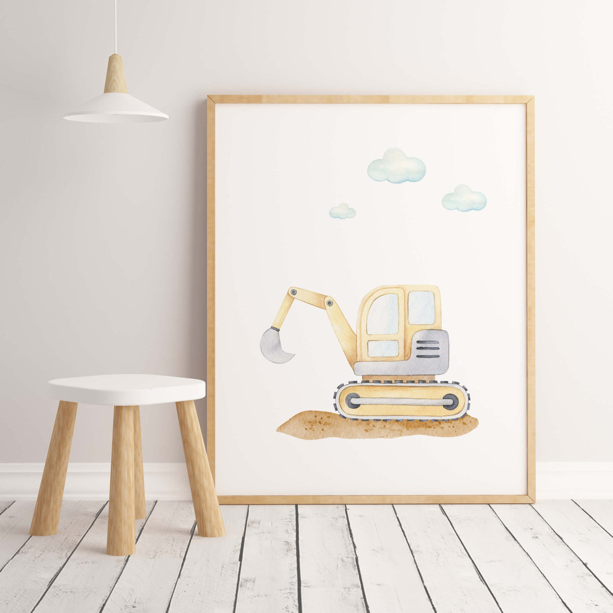 Watercolor construction vehicle print with  digger for toddler and baby boys room decor.