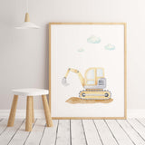 Watercolor construction vehicle print with  digger for toddler and baby boys room decor.