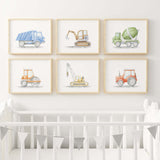 Watercolor colorful construction vehicle printable for toddler and baby boys room decor.