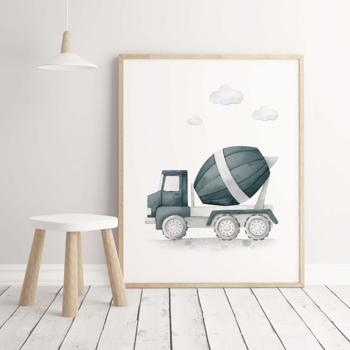 Watercolor construction vehicle print with cement mixer in Sherwin Williams Riverway SW-6222 color for baby boys room decor, toddler room decor.
