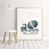 Watercolor construction vehicle print with cement mixer in Sherwin Williams Riverway SW-6222 color for baby boys room decor, toddler room decor.