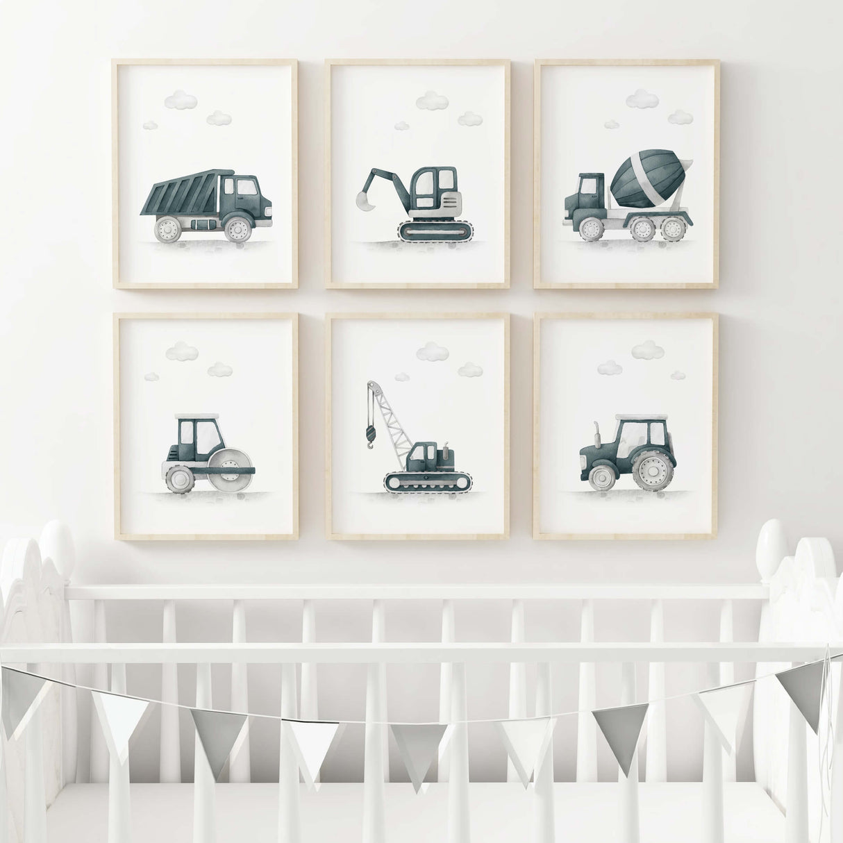 Watercolor construction vehicle poster in Sherwin Williams Riverway SW-6222 color for baby boys room decor, toddler room decor.
