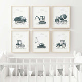 Watercolor construction vehicle poster in Sherwin Williams Riverway SW-6222 color for baby boys room decor, toddler room decor.