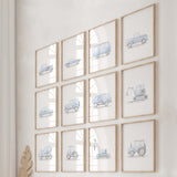 Watercolor blue construction vehicle and vintage cars print for baby boys room decor, toddler room decor, blue gray nursery decor, includes: tractor, road roller, digger, dump truck, crane, cement mixer, vintage cars. 
