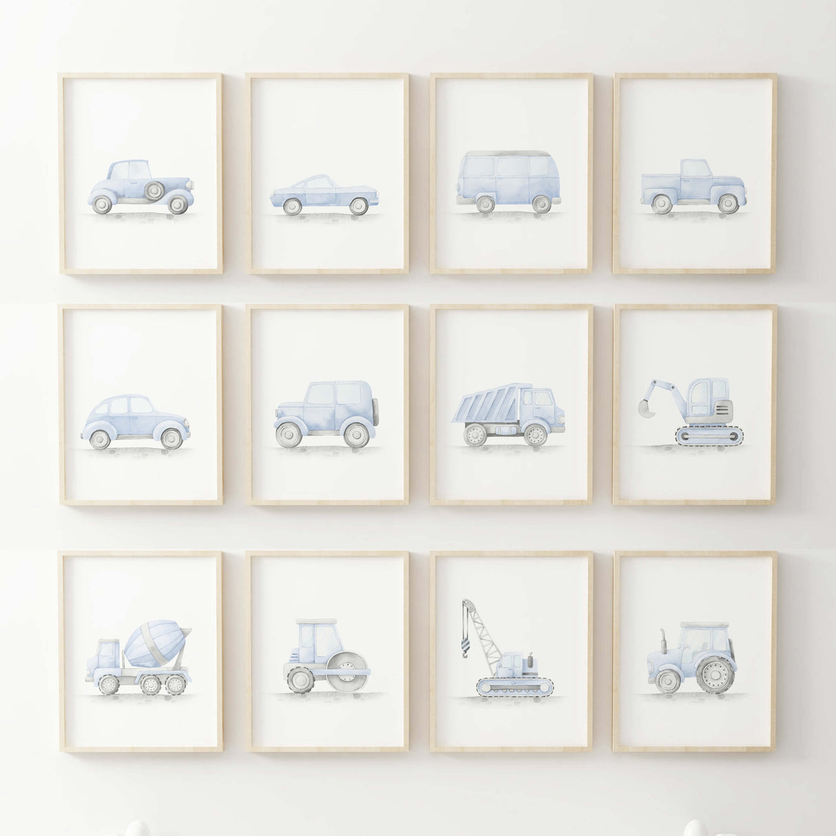 Watercolor blue construction vehicle and vintage cars printable for baby boys room decor, toddler room decor, blue gray nursery decor, includes: tractor, road roller, digger, dump truck, crane, cement mixer, vintage cars. 