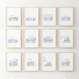 Watercolor blue construction vehicle and vintage cars printable for baby boys room decor, toddler room decor, blue gray nursery decor, includes: tractor, road roller, digger, dump truck, crane, cement mixer, vintage cars. 