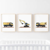Construction Vehicle Nursery Prints - Yellow - Set of 3