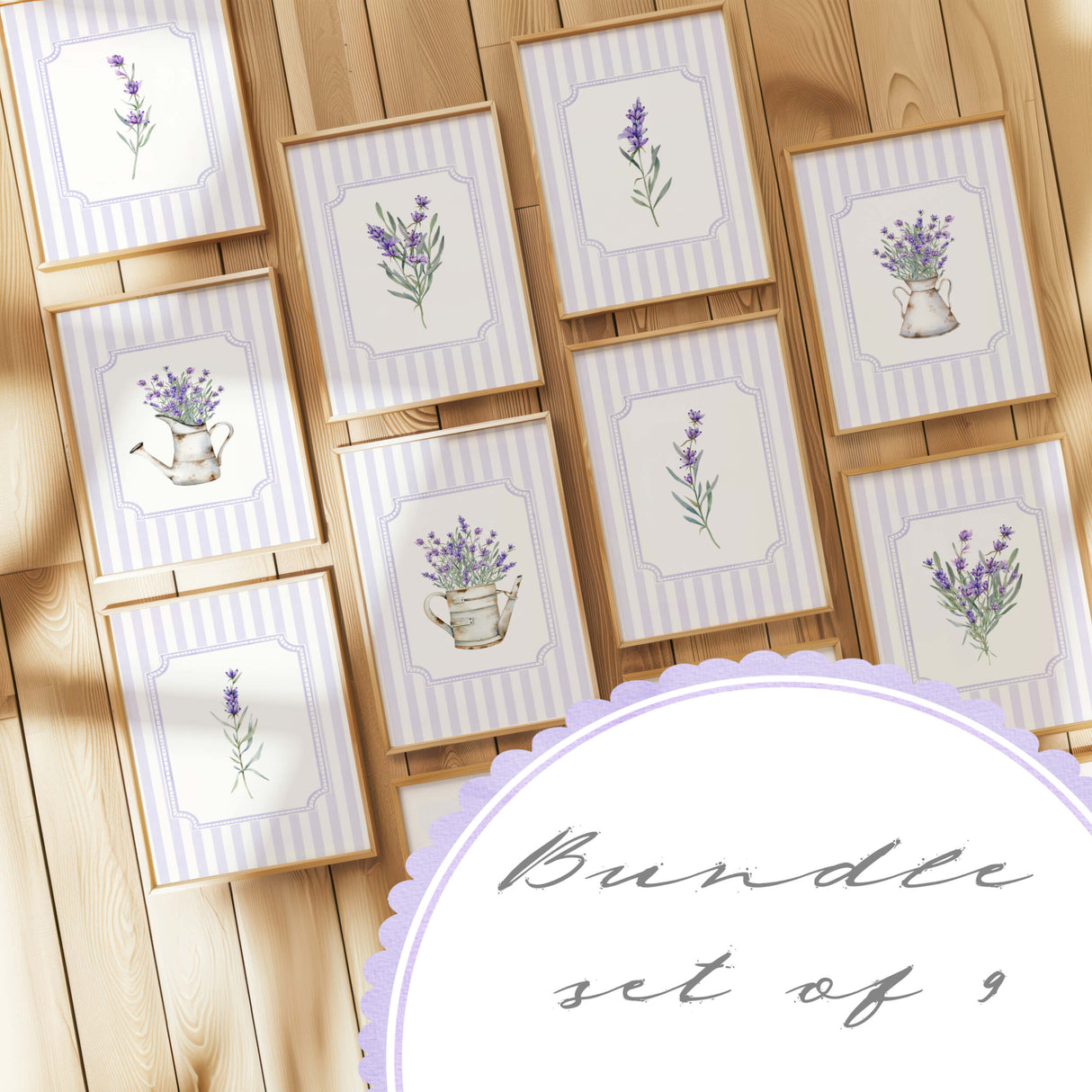 Lavender printable wall art bundle set of 9 with cottagecore botanical floral design in pastel lilac


