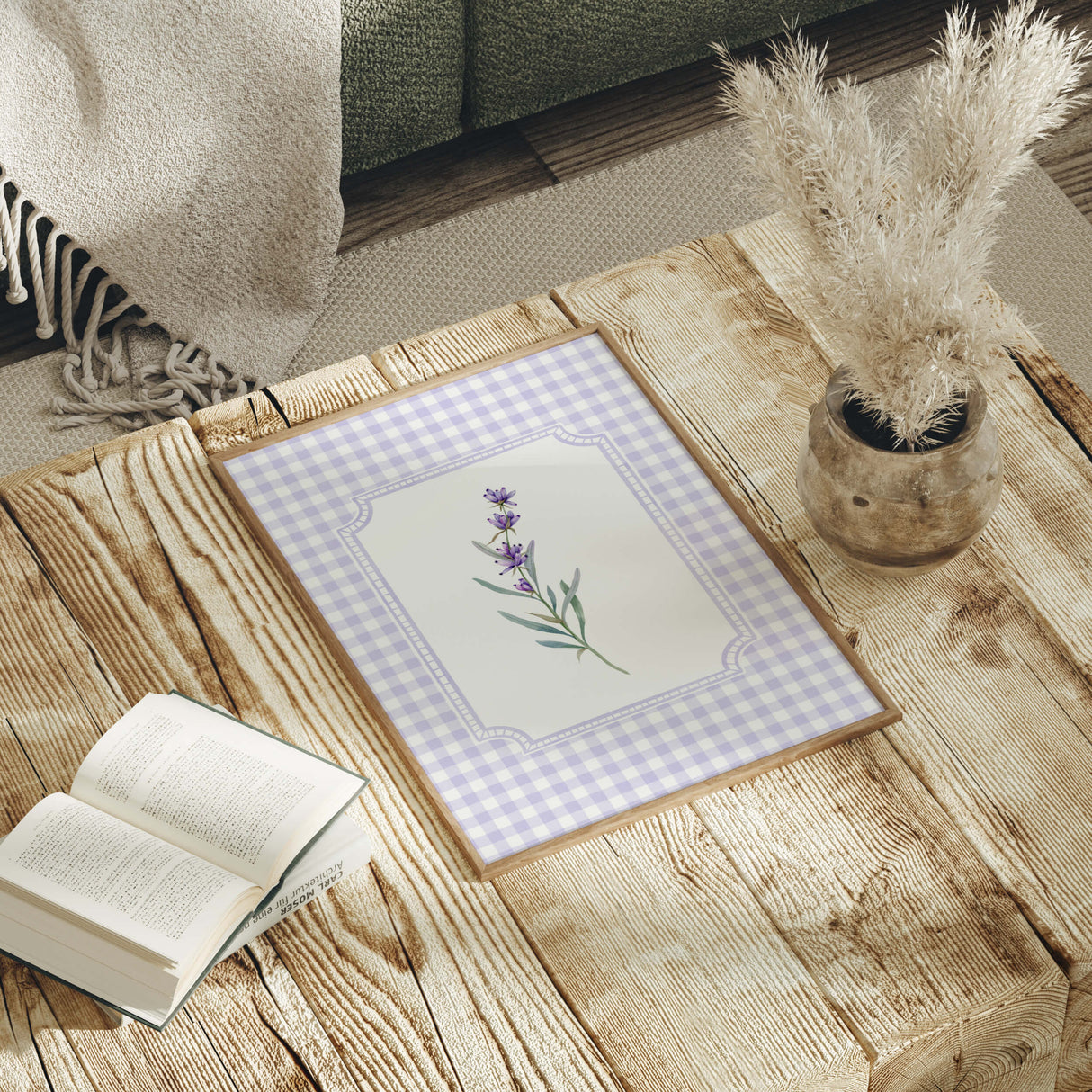 Lavender artwork in farmhouse style with gingham plaid frames printable.

