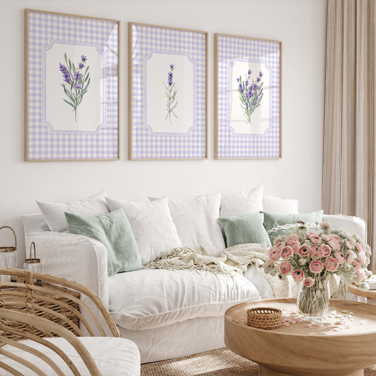 Provence lavender floral wall decor with pastel colors and vintage jugs.

