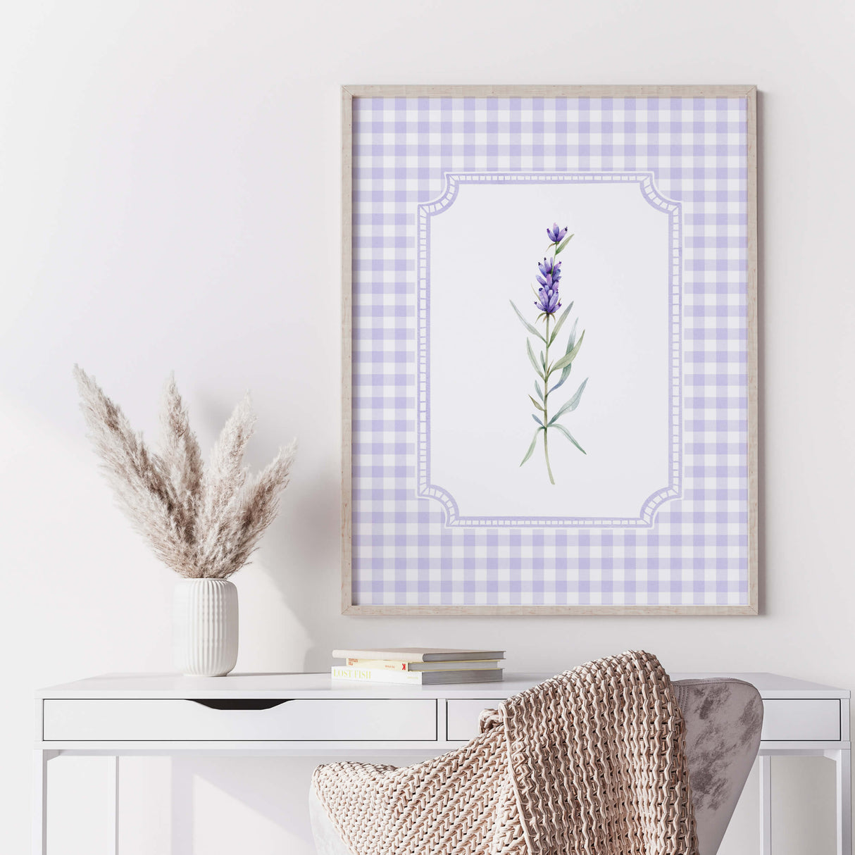 Digital download lavender kitchen wall art set with purple gingham frames.

