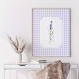 Digital download lavender kitchen wall art set with purple gingham frames.


