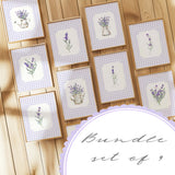 Lavender wall art printable bundle of 9 in lilac and white gingham plaid frames.

