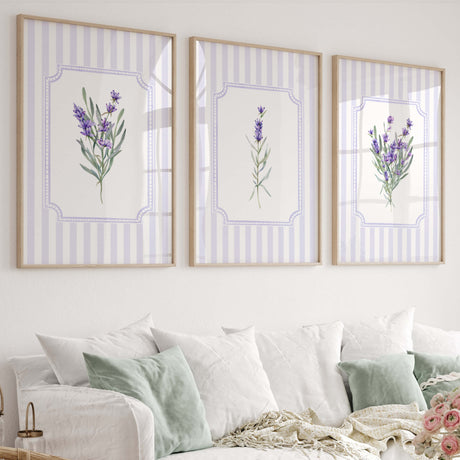 Lavender flower printable wall art set of 3 with lilac stripes and botanical design

