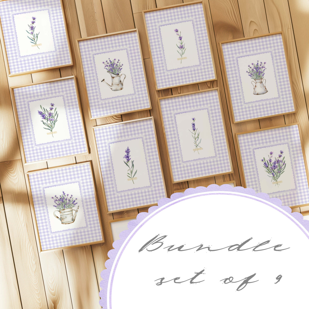 Set of 9 lavender floral printable wall art pieces with lilac gingham background

