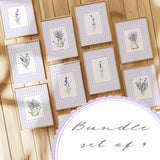 Set of 9 lavender floral printable wall art pieces with lilac gingham background

