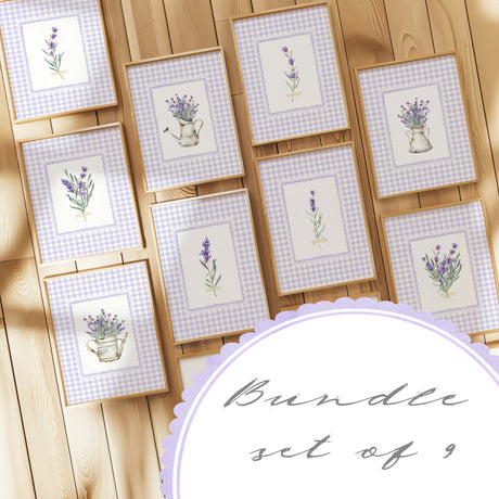 Set of 9 lavender floral printable wall art pieces with lilac gingham background

