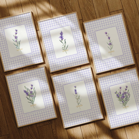 Set of 6 lavender floral printables with lilac gingham border for cottagecore home decor


