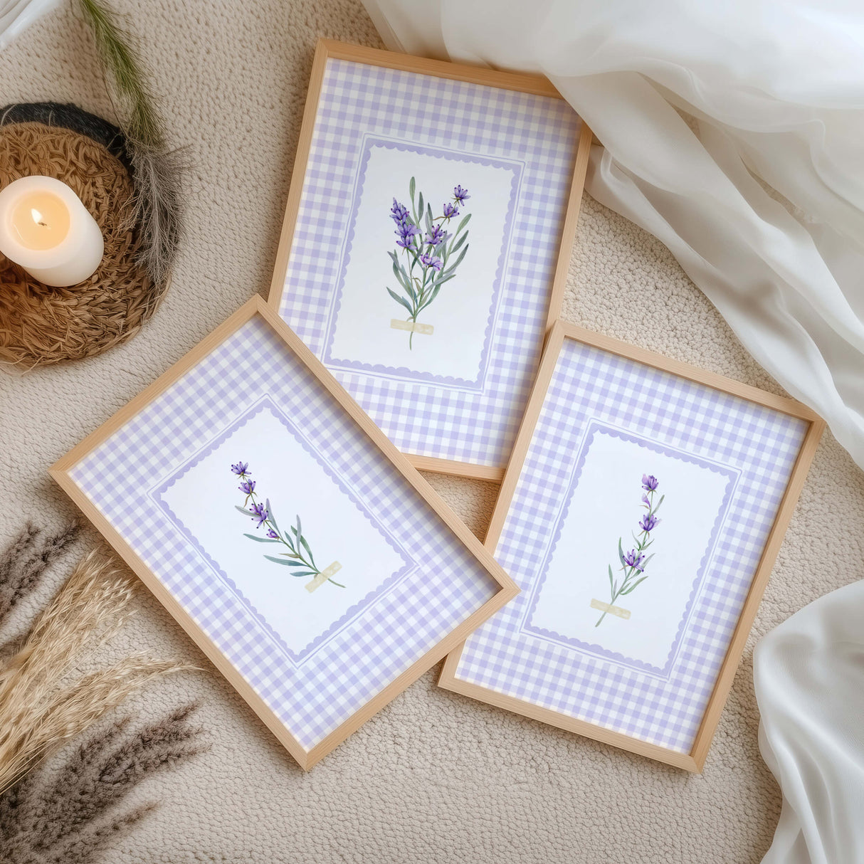Digital download of watercolor lavender prints in purple gingham frames

