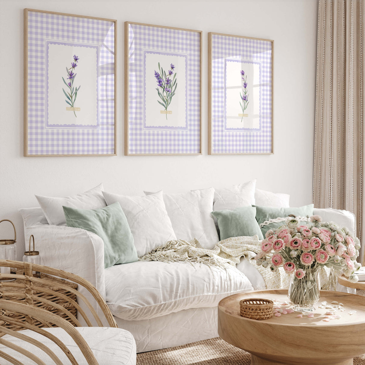 Set of 9 lavender floral printable wall art pieces with lilac gingham background

