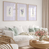 Set of 9 lavender floral printable wall art pieces with lilac gingham background

