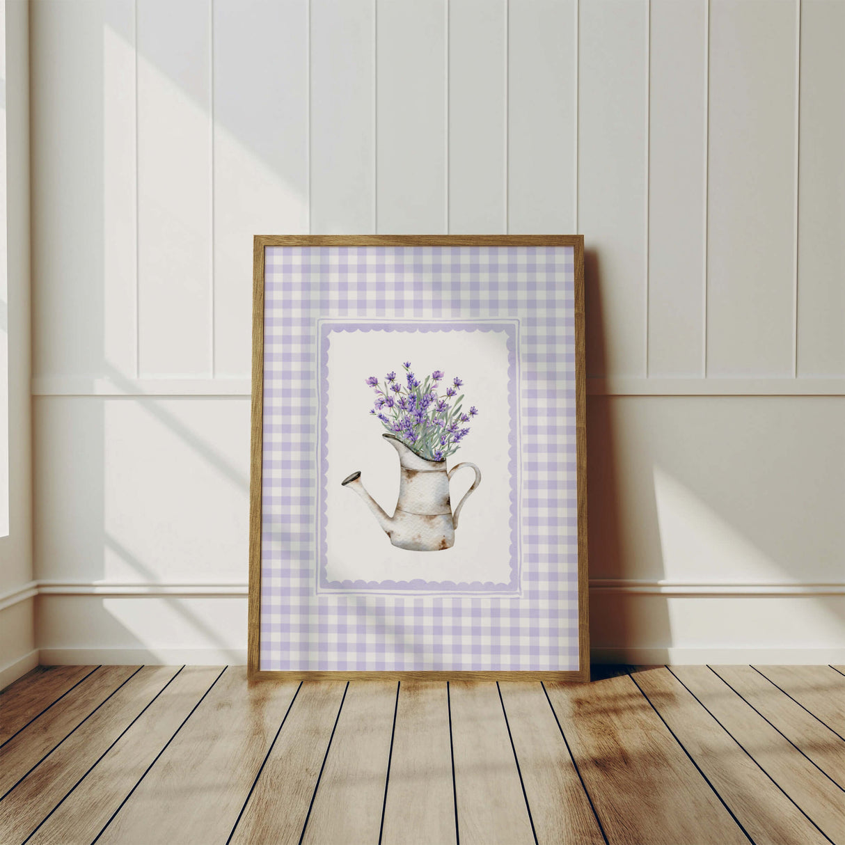 Botanical lavender wall prints with gingham pattern backgrounds

