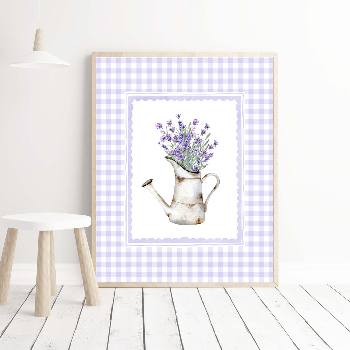 Printable lavender artwork with gingham border for kitchen or nursery

