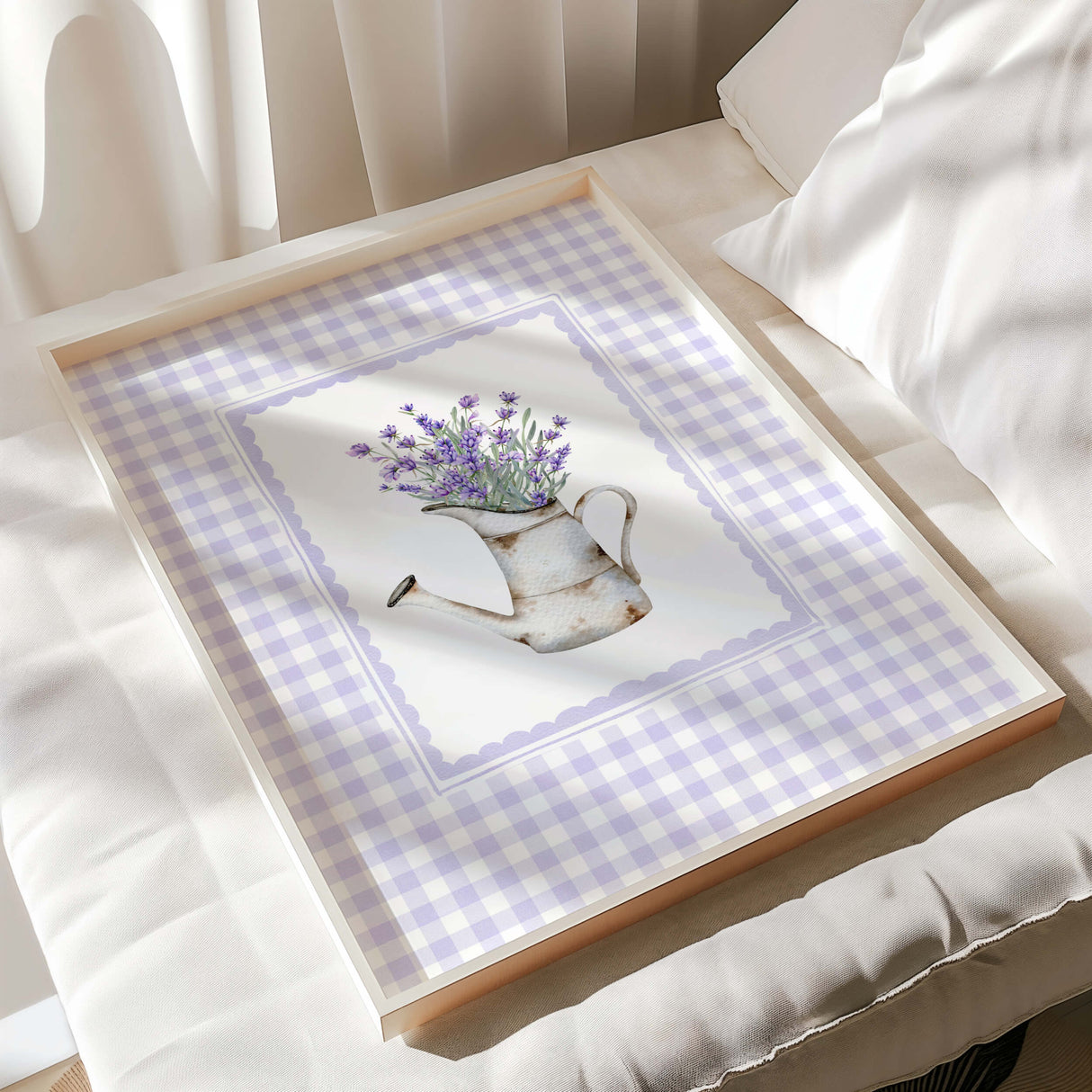 Digital download of watercolor lavender prints in purple gingham frames


